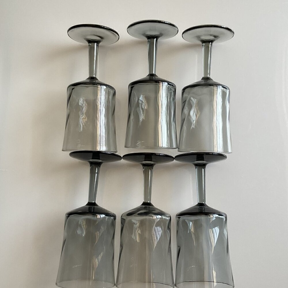 VINTAGE 1960S DUZ CRYSTAL ALL SMOKE OPTIC SWIRL WINE GLASSES SET 6